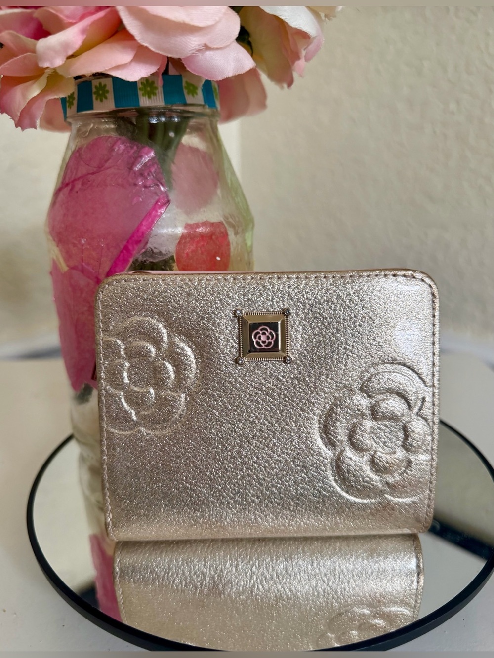 Rare CLATHAS Marigold Camellia Bi-Fold Wallet Metallic Gold Clutch